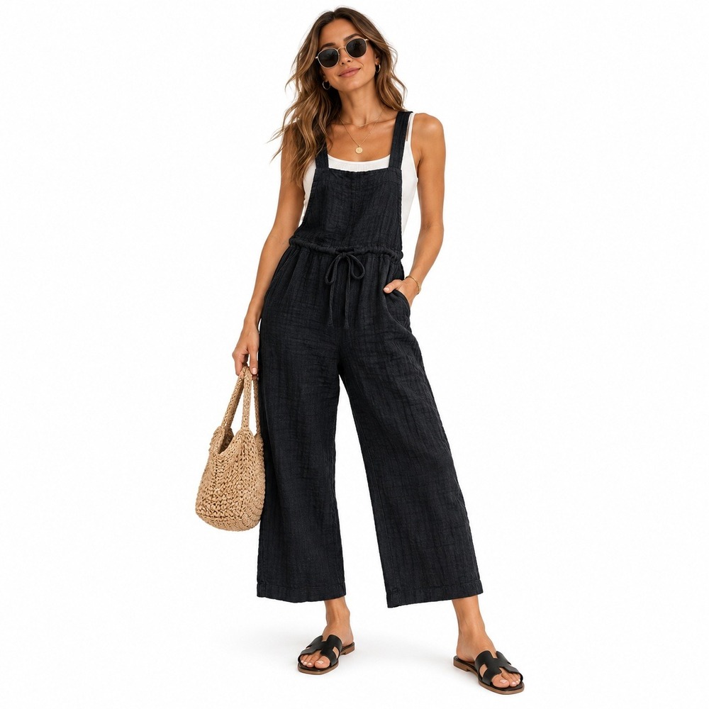 Quince Jumpsuit Women S Black Linen Wide Leg Sleeveless Belted Sustainable Fun